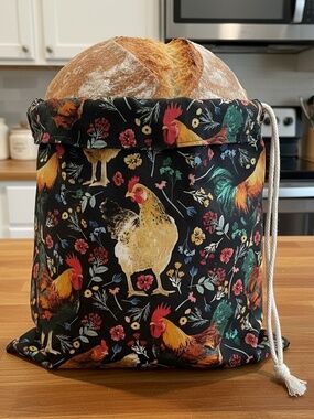 Farmhouse Rooster Print Cotton Bread Bag, Reusable Sourdough Bread Storage Bag